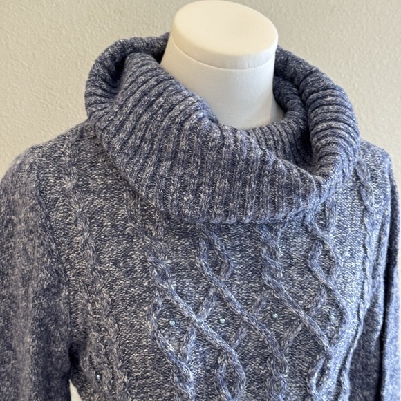 New Westport 1962 Denim Blue Cotton Acrylic Beaded Funnel Neck Sweater Sz Small - Picture 2 of 9